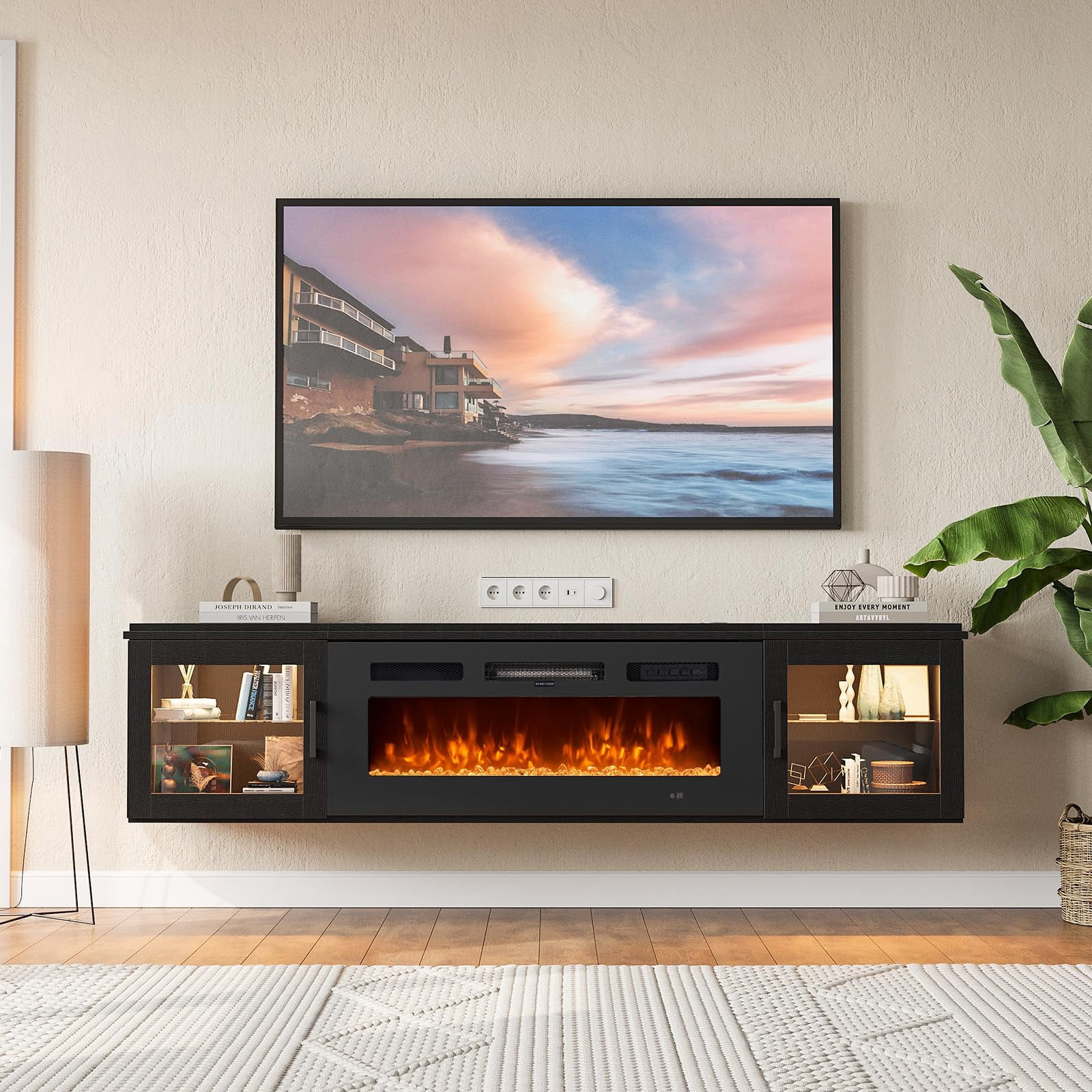 Sunmthink Floating TV Stand with 36" Electric Fireplace, High Gloss Finish Wall Mounted Fireplace Entertainment Center with Storage for TVs Up to 80", Black
