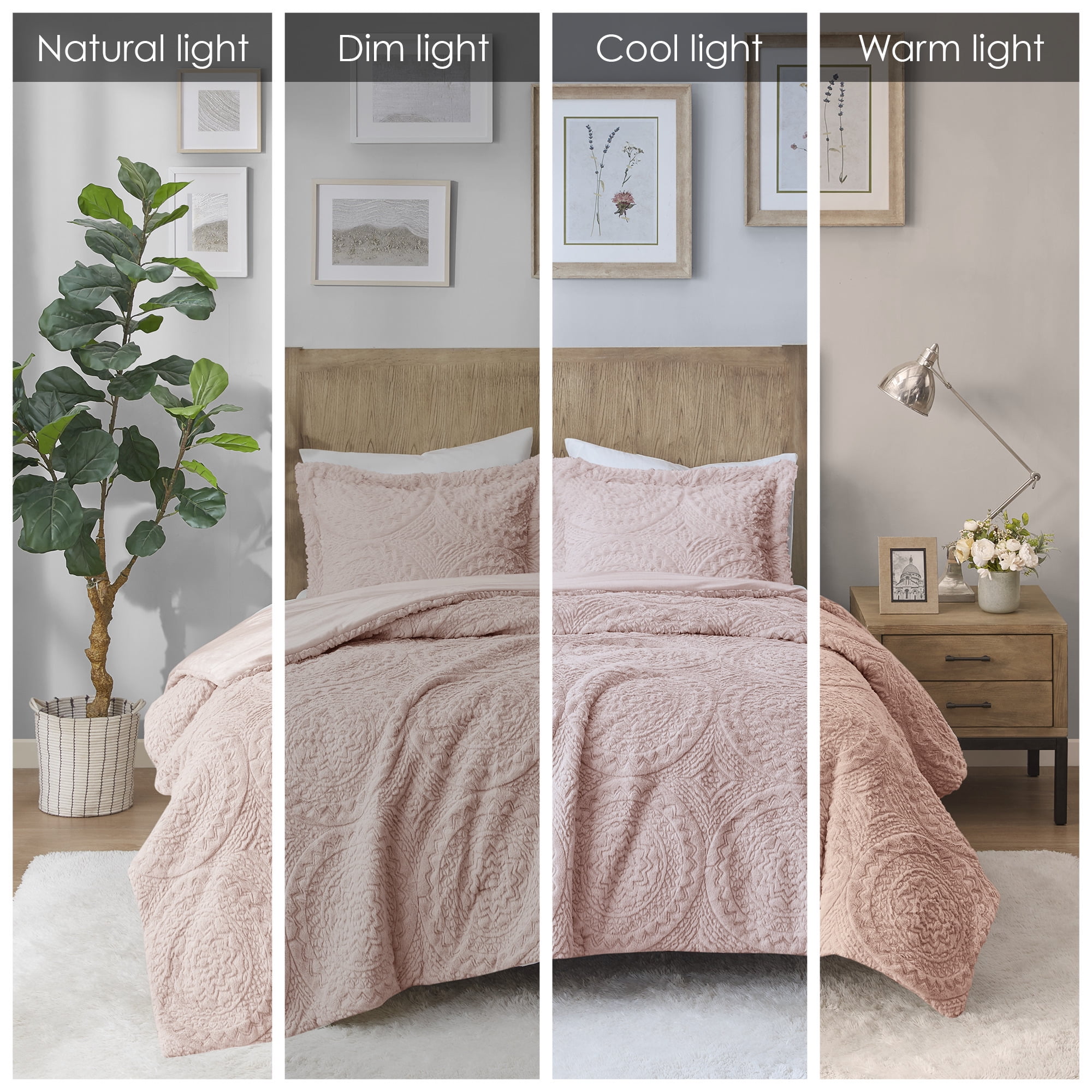 Madison Park Arya Embroidered Medallion Faux Fur Ultra Plush Comforter Mini Set, King/Cal King - Blush