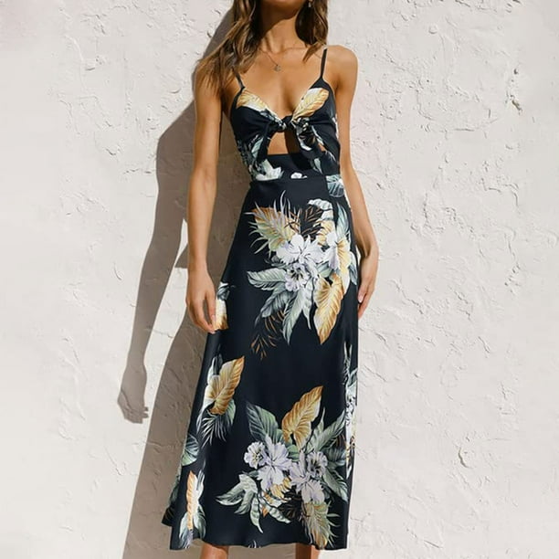 WILLBEST Vestidos de Verano para Mujer, Falda con Tirantes y Abertura En El Pecho y Lazo Decorativo con Estampado Floral para Mujer, Falda Informal Chica