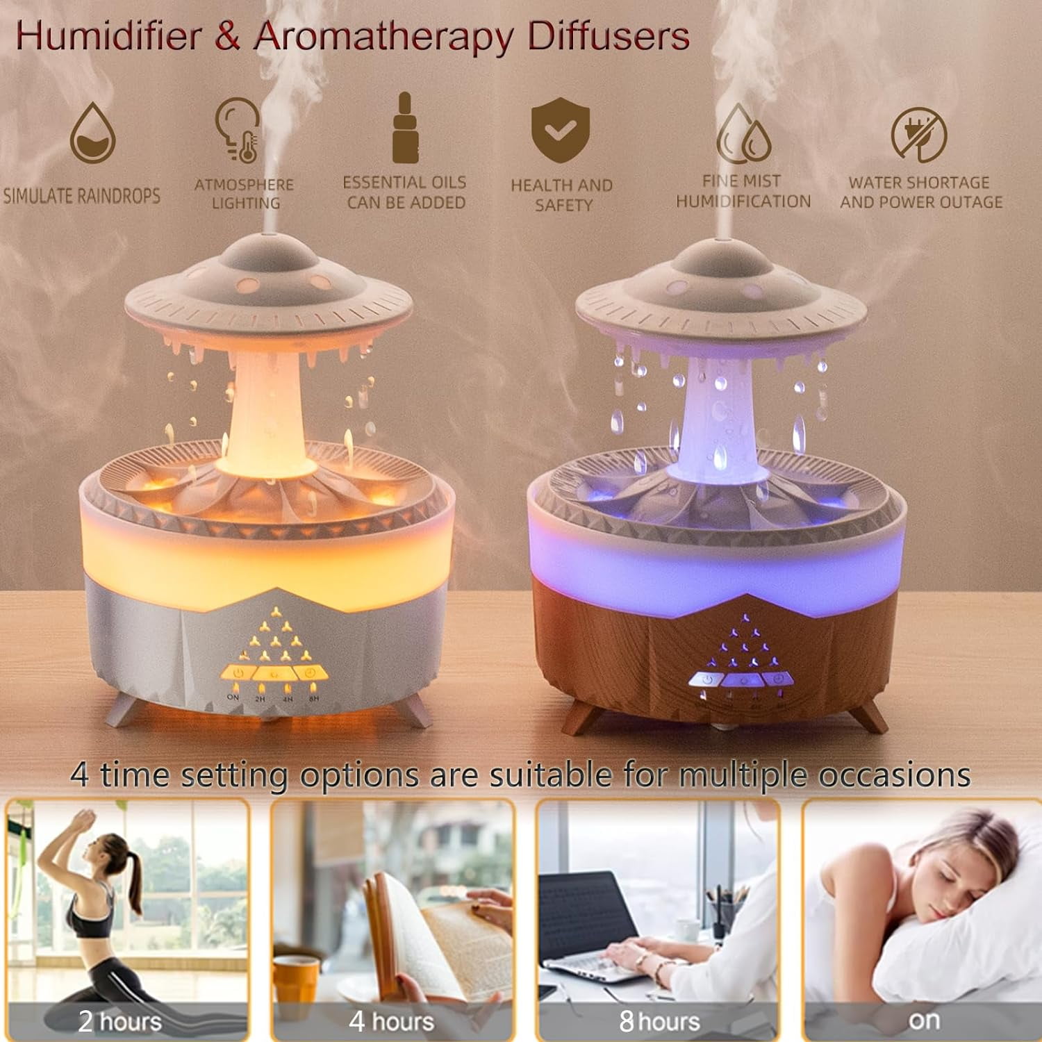Raindrop Humidifier for Bedroom Large Room -Air Humidifiers and Aromatherapy Diffuser,Ultrasonic humidifier,Quiet humidifier with Ambient Light & 4 Timer,Waterless Auto Off (No Remote Control)