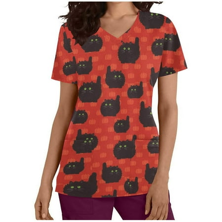 

Fall Decorations Clearance Juebong Women s Short Sleeve V Neck Workout Tops Uniform Oversized Printed Relaxed Fit Blouse Nursing Scrub Tops With Pockets