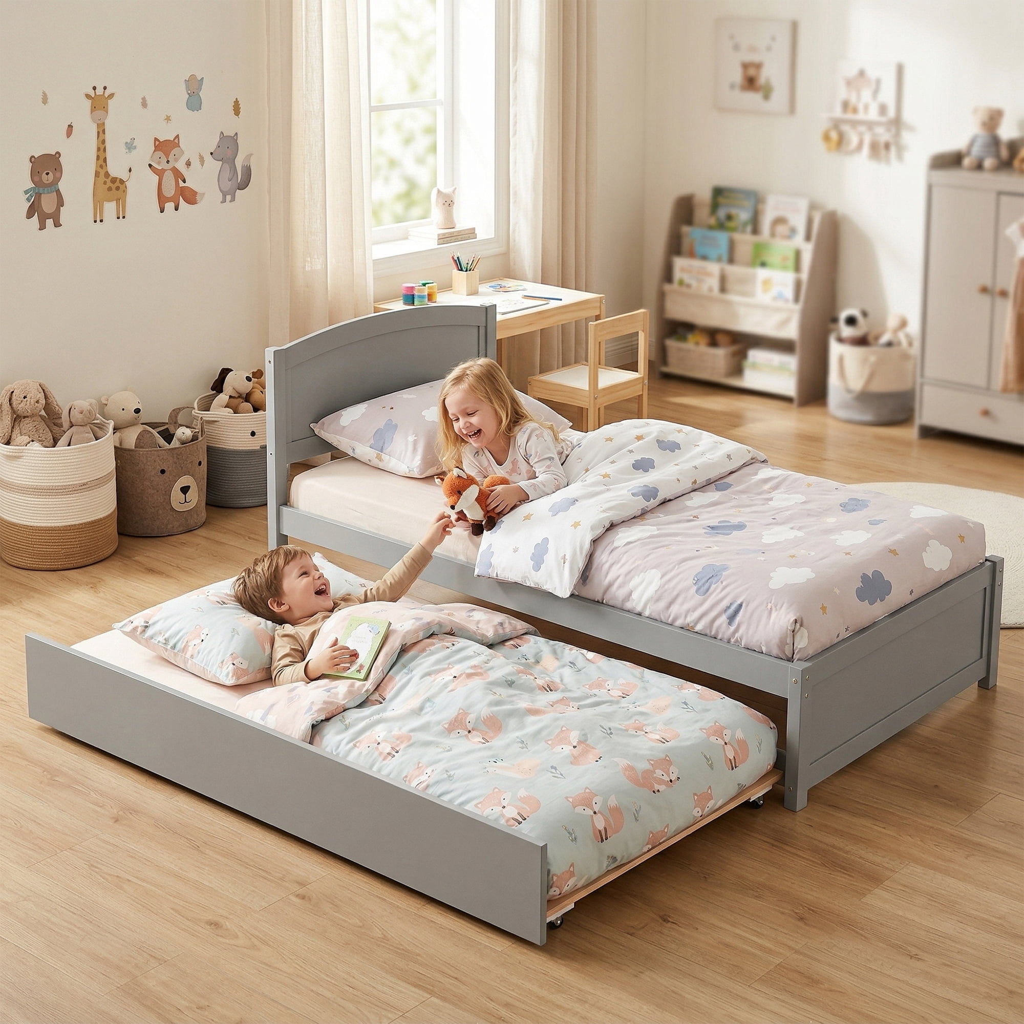 Guqiart Twin Size Trundle Bed Frame, Solid Wood Construction with Headboard, Roll Out Trundle & Wood Slat Support, Single Platform Bed No Box Spring Needed