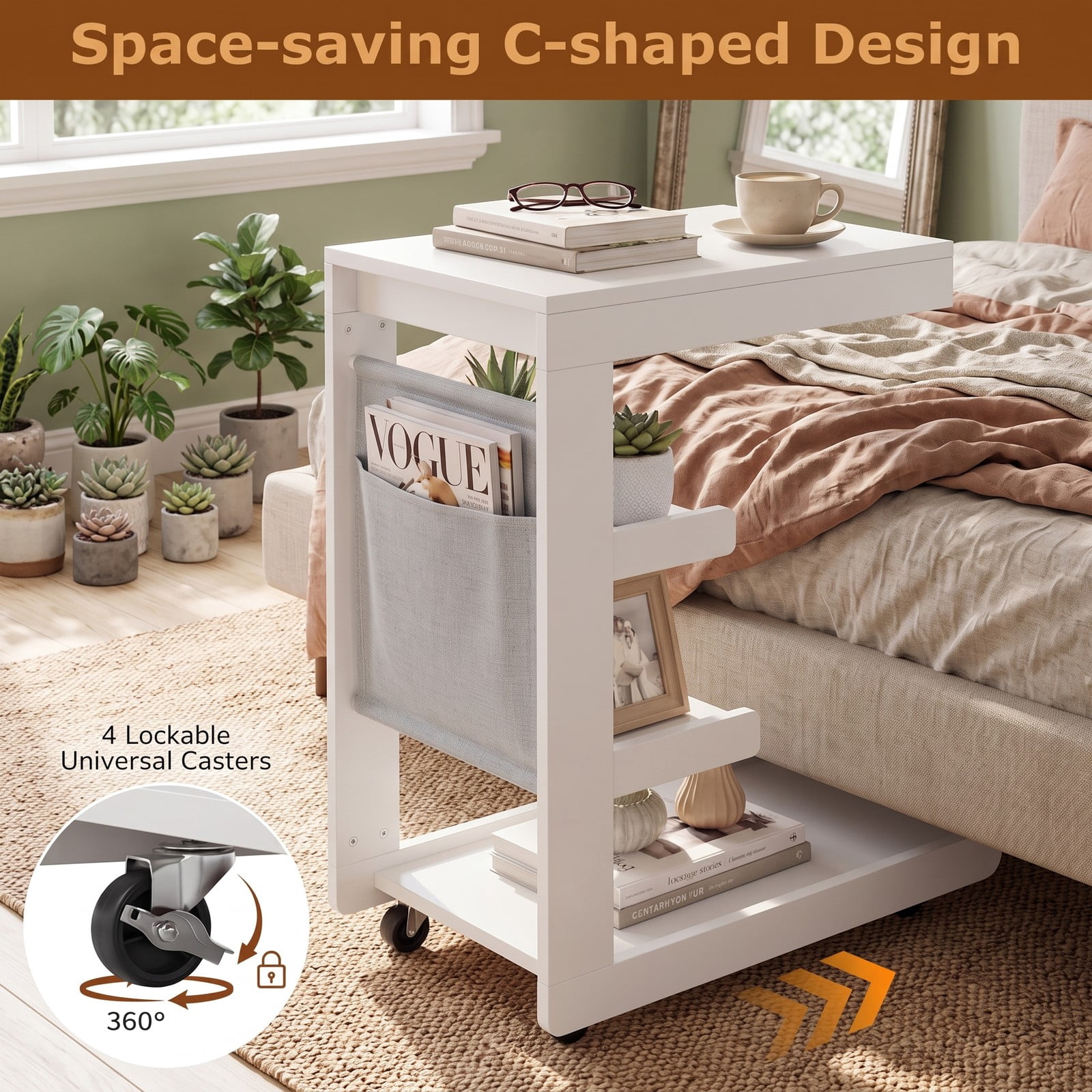 Furnibear C Shaped End Table with Wheels and Adjustable Desktop, Mobile Sofa Side Table with Hidden Compartment and 3 Storage Shelves for Bedside Couch Living, White