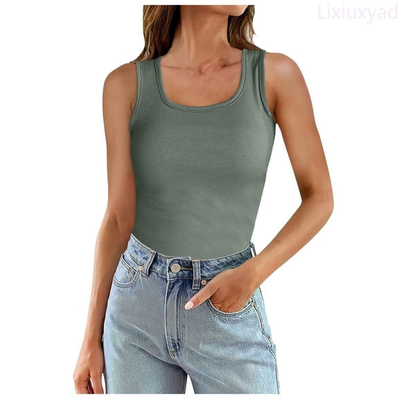 Lixiuxyad Women Ribbed Vest Summer Scoop Neck Slim Top Casual Basic Knitted Sleeveless Shirt Summer Tee Shirts,Green L