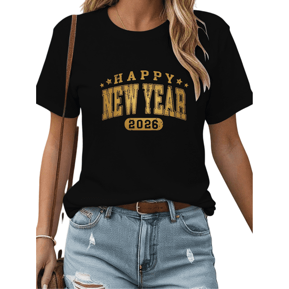 Women's Gold Happy New Year 2026 Comfortable T-Shirt Casual Top Retro Font Graphic Short Sleeve Round Neck Black S-5XL