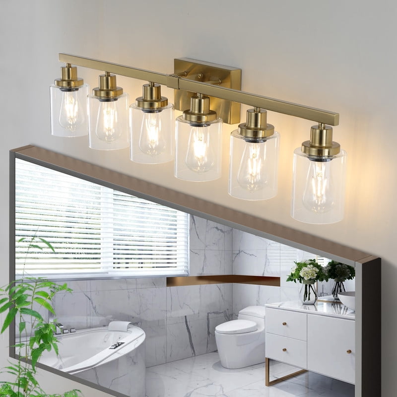 37" Gold 6-Light Bathroom Vanity Light Fixture, Modern Wall Sconce with Clear Glass Shades, Bathroom Light Fixtures Over Mirror for Vanity, Dressing Table, Hallway (Bulbs Not Included)
