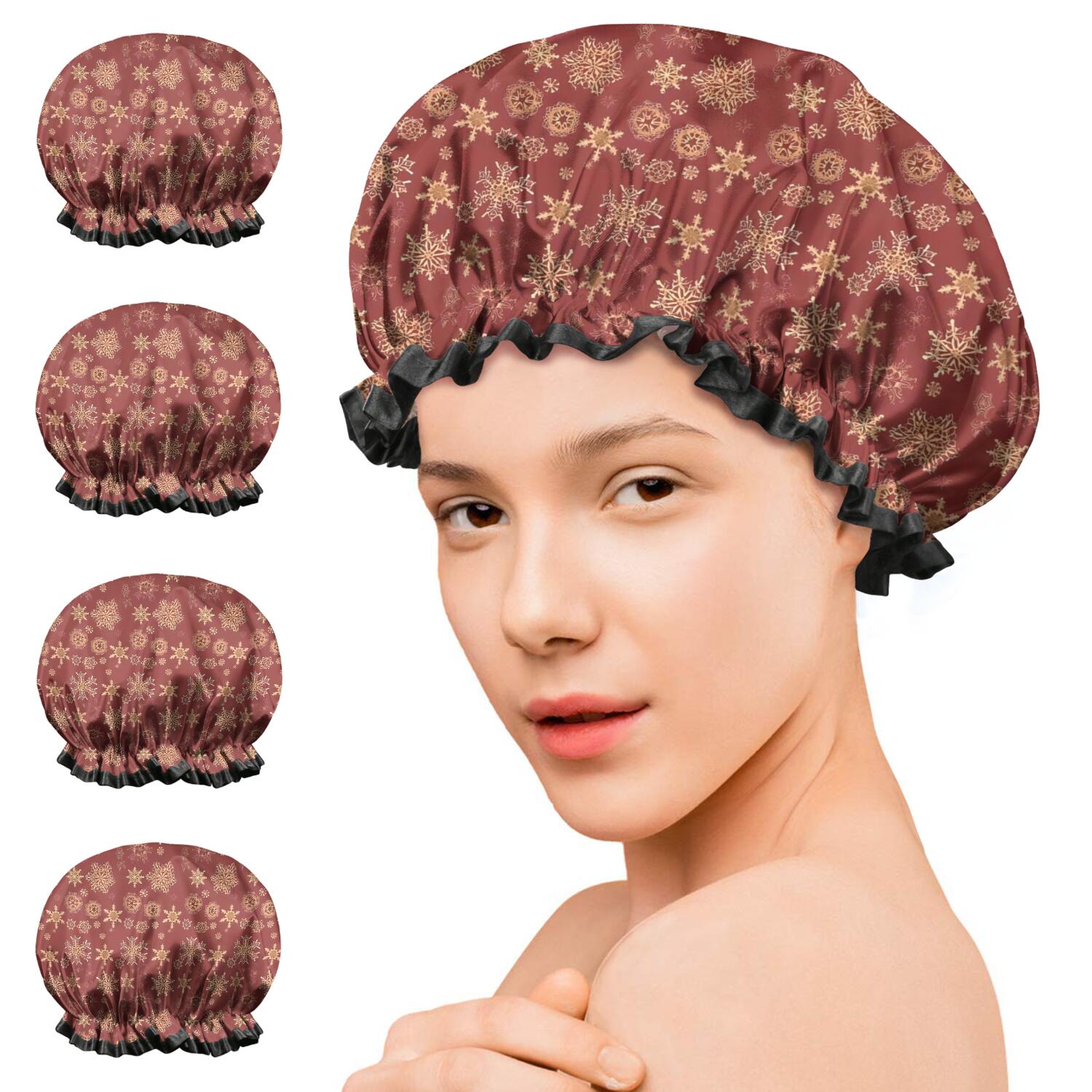Shower Caps,Red Christmas Snowflake Pattern Waterproof Shower Cap for Women 4 Pieces,Double Reusable Hair Cover for Shower PEVA Elastic Stretch Hem