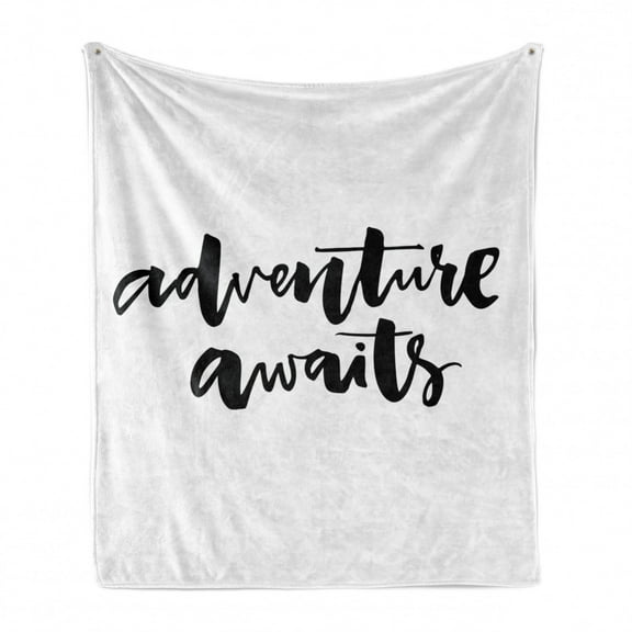 Adventure Soft Flannel Fleece Throw Blanket, Inspirational Words About Life and Travel Adventure Never Stops Journey Theme, Cozy Plush for Indoor and Outdoor Use, 70" x 90", Black White, by Ambesonne