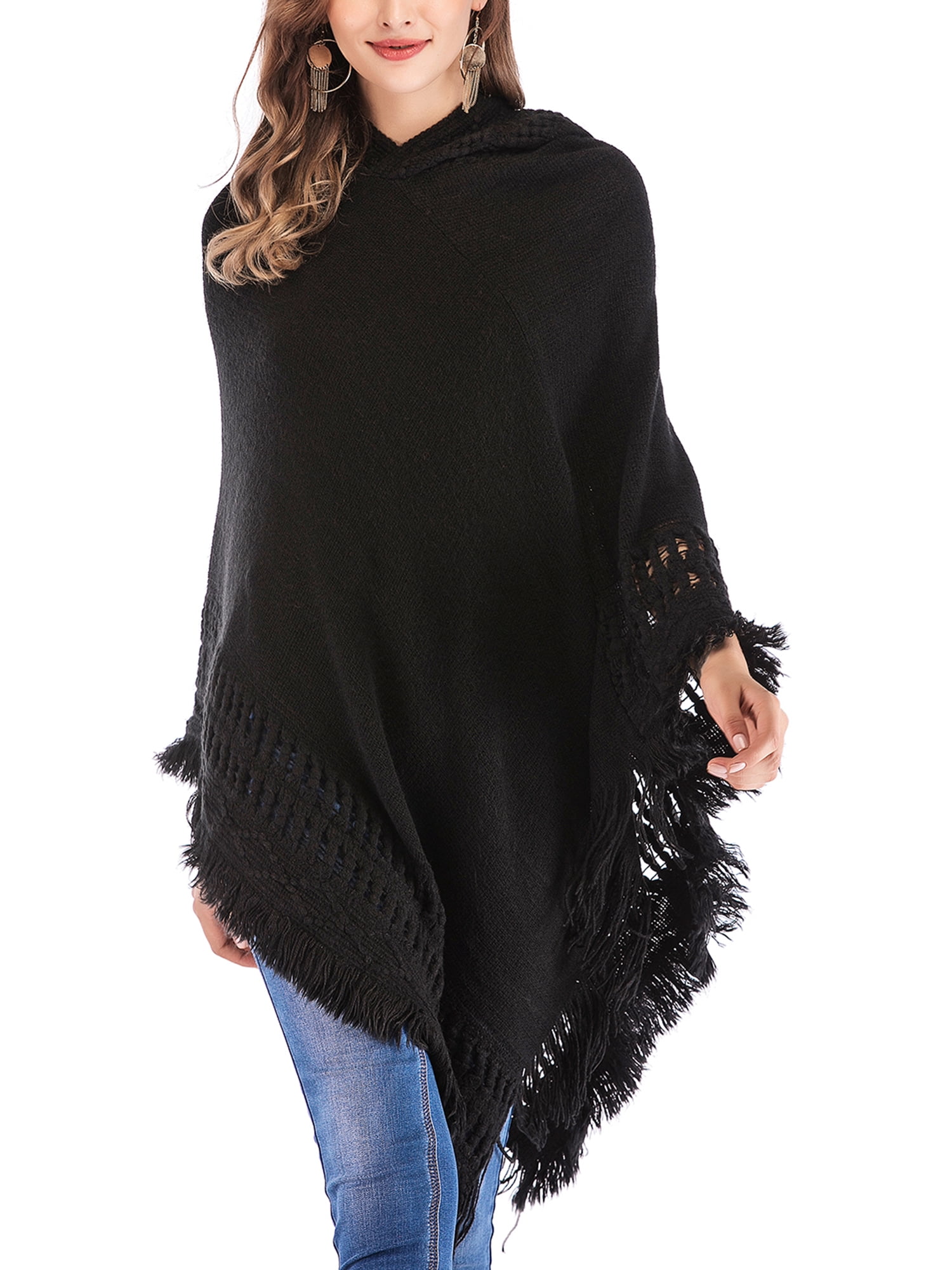 Womens Poncho Sweater Hoodie Poncho Tassels Poncho Pullover Sweater