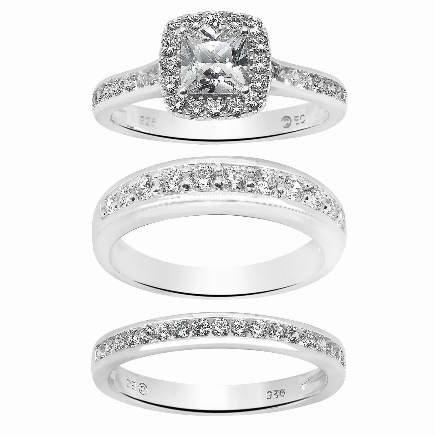 His Her Mens and Woman Diamonds Wedding Ring Bands Trio Bridal Set Silver 925 