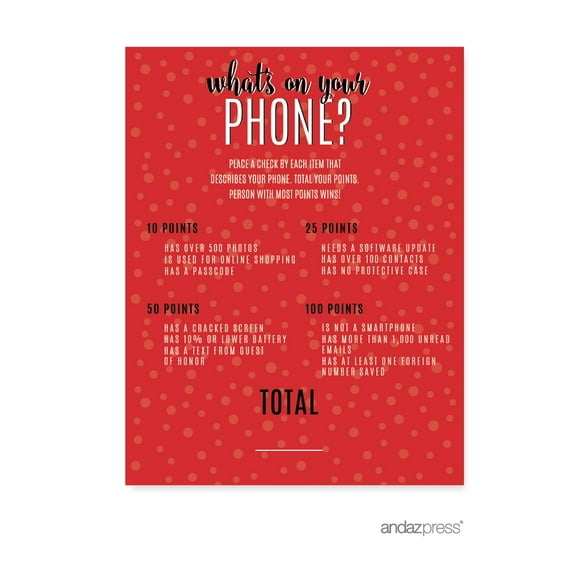 Koyal Wholesale Black White Red What's On Your Phone Party Game Cards, 20-Pack