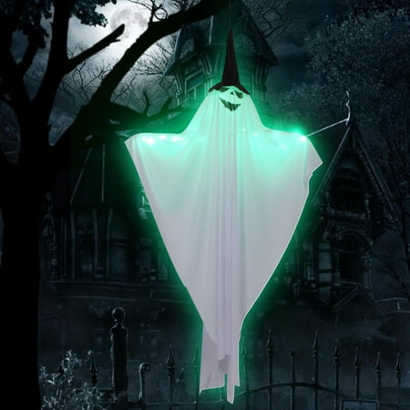

GymChoice Halloween Hanging Light up Ghost with Spooky Green LED Light 47” White Flying Ghosts Wearing A Hat Perfect Decor for Indoor Outdoor Porch Garden Patio Lawn Haunted Holiday Party