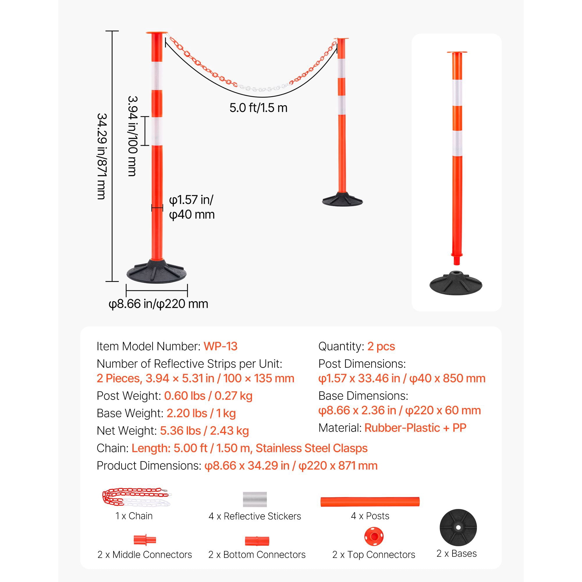 2-Pack Traffic Delineator Posts, 34 Inch Safety Cones, Reflective Strips, Weighted Rubber Base, Chain Attachment, for Construction Sites, Parking Lots & Crowd Control