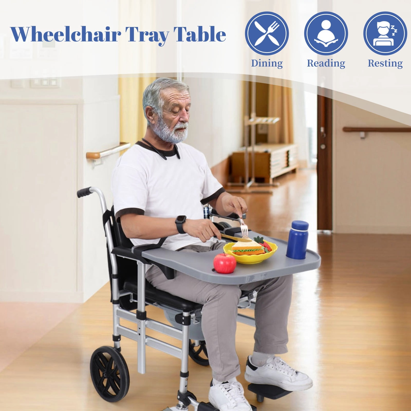 Wheelchair Tray Table, Detachable Wheelchair Lap Tray with Cup Holders for Elderly, Widened and Thickened Wheelchair Desk Accessories for for Dining, Reading, and Resting