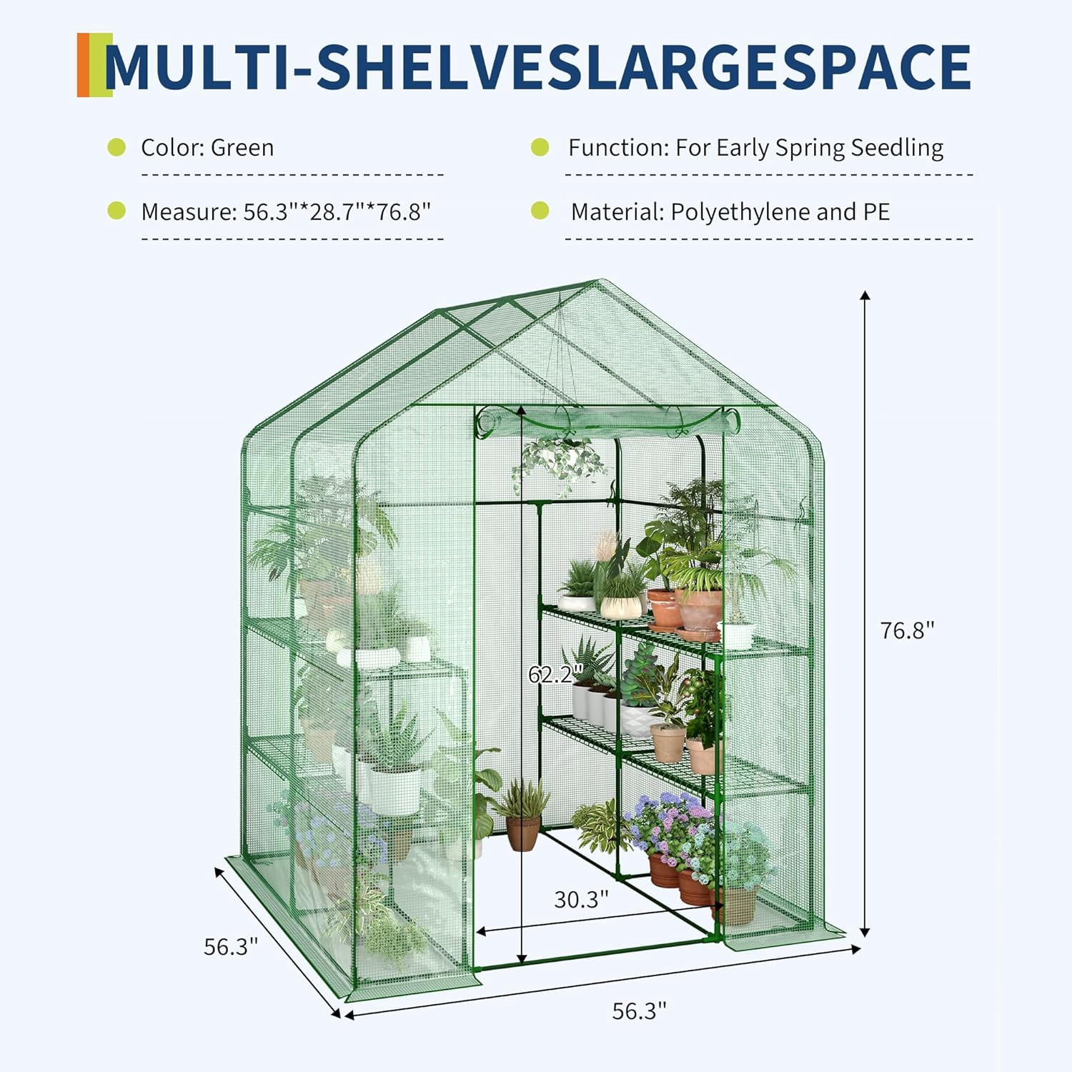 Yiwa 57"x57"x77" Portable Greenhouse with Thickened PE Cover & Roll-up Zipper Door - Walk-in Tunnels for Seedlings, Flowers, 12-Tier Shelves