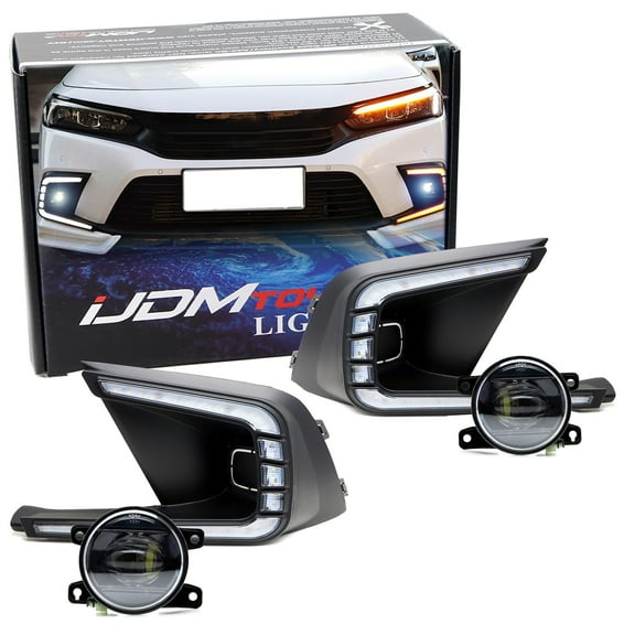 Fog Bezel Replace Switchback LED Daytime Running Light Kit w/White OE-Spec LED Fog Lights For 2022-Up Honda Civic Sedan