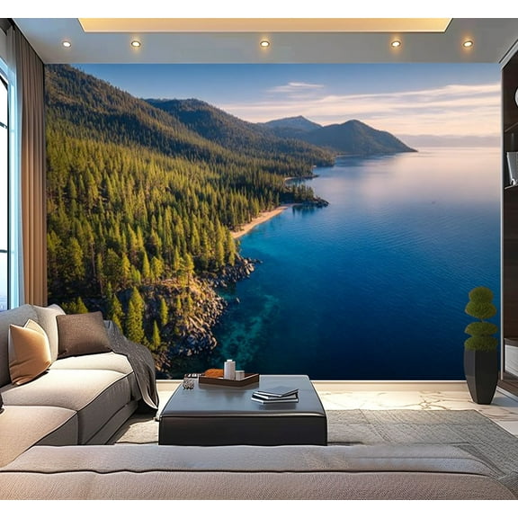 Peel and Stick Wallpaper Aerial View Lake Tahoe Shoreline Mountains Turquoise Blue Waters Modern Art Wall Mural Decor Self Adhesive and Removable 100in x 144in