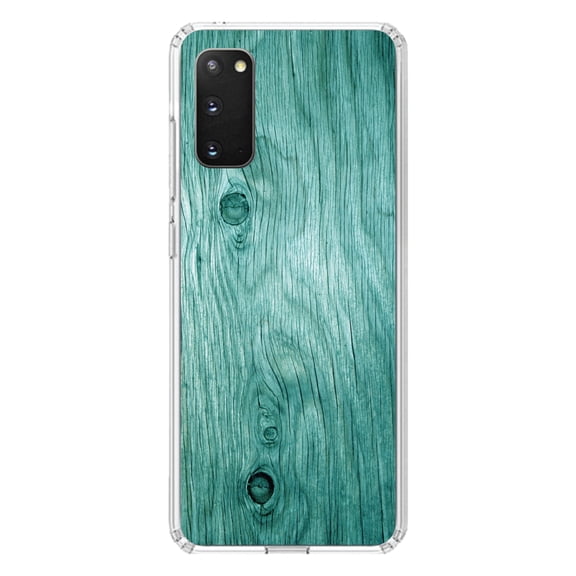 DistinctInk Clear Shockproof Hybrid Case for Galaxy S20 PLUS / 5G (6.7" Screen) - TPU Bumper, Acrylic Back, Tempered Glass Screen Protector - Teal Weathered Wood Grain Print - Printed Wood Grain Image