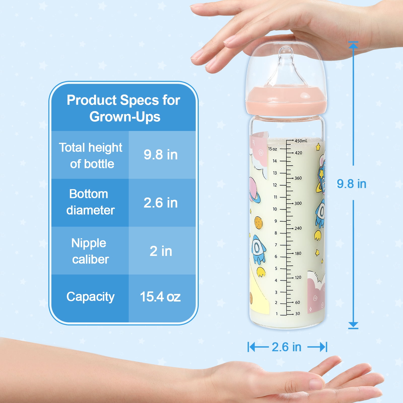 LittleForBig Adult Baby Bottle Ultra Printed Specialty Oversized Glass Feeding Baby Astros Pattern