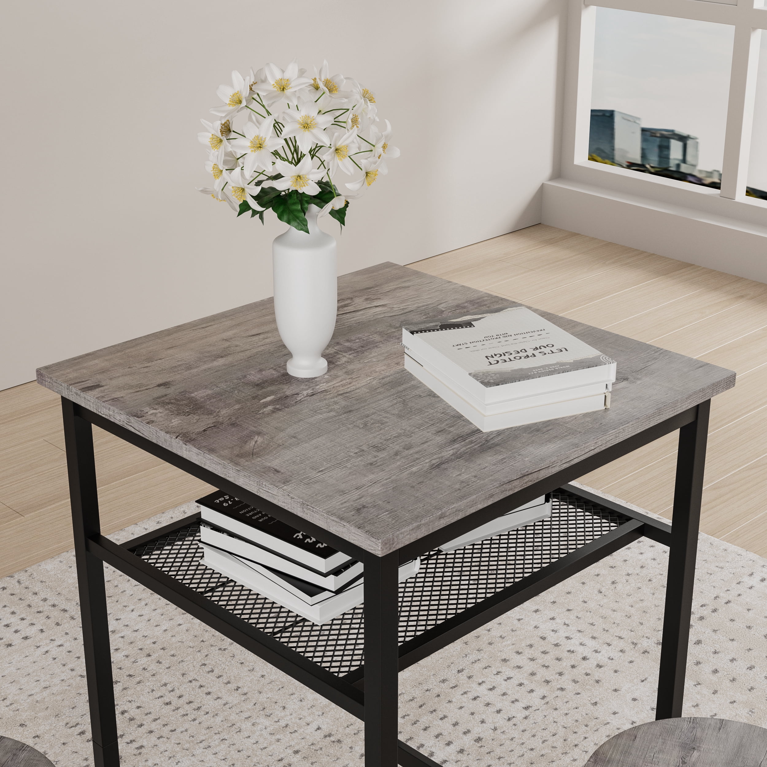 Bar Table Set of 2,Bistro Kitchen Table Sets,Wood Pub Bar Table Set with Storage Rack for Small Space, Apartment,Grey