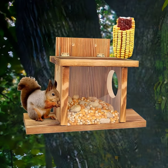 ACDANC Outside Wood Squirrel Feeder Squirrels Feeding Box Spacious Easy to Fill Stable Handcrafted for Backyard Fence Outdoor Garden