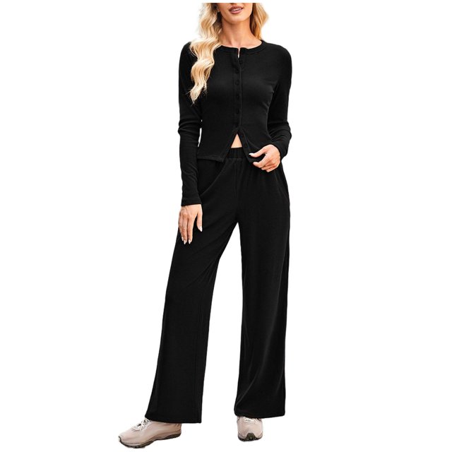 ShomPort Outfits for Womens Knit Ribbed Long Sleeve Button Crewneck Tops Elastic Waist Casual Pants Lightweight Stretchy 2PC Set