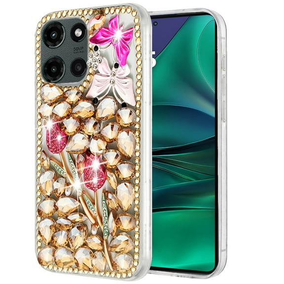 XPM for Motorola Moto G Stylus 5G 2025 Bling Crystal 3D Full Diamonds Luxury Sparkle Rhinestone Hybrid Phone Case Cover (Gold Exquisite Garden Flower)