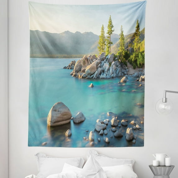 Nature Tapestry, Pastoral Spring Time Scenery in Provincial Countryside Lake Beach Shallow Water Theme, Fabric Wall Hanging Decor for Bedroom Living Room Dorm, 5 Sizes, Blue Grey, by Ambesonne