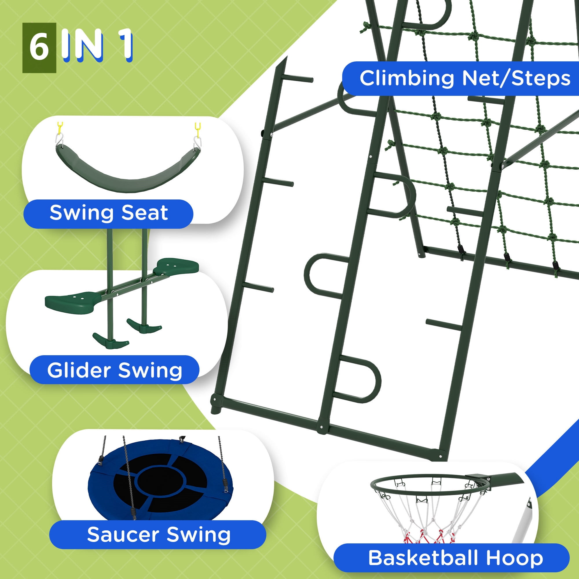 Aukfa 7 in 1 Kids Swing Set with Slide, Outdoor Heavy-Duty Metal Playset with Climbing for Backyard, Blue