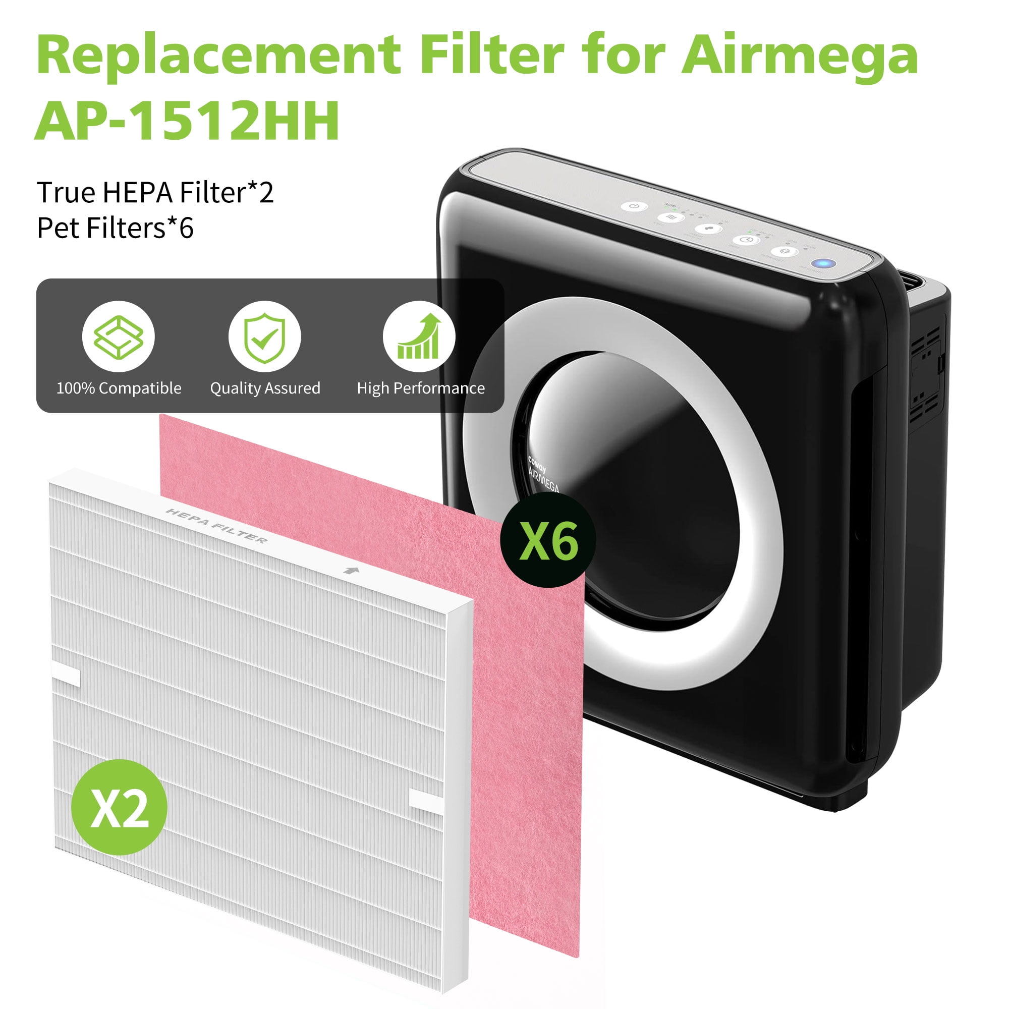 AP-1512HH and 200M Pet Filter Set for Coway Airmega AP-1512HH and Airmega 200M Air Purifier, 6 Pet Deodorization Filters and 2 True HEPA Filter, 8 pack, Compared to Part #3304899