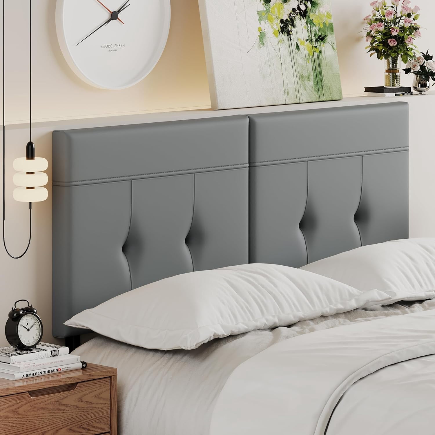 Andeworld Upholstered Tufted Queen Size Headboard,PU Leather Wood Head Board with Metal Legs, Adjustable Height from 42” to 56”, Bed Headboard in Modern Design,Backboard for Bed, Grey