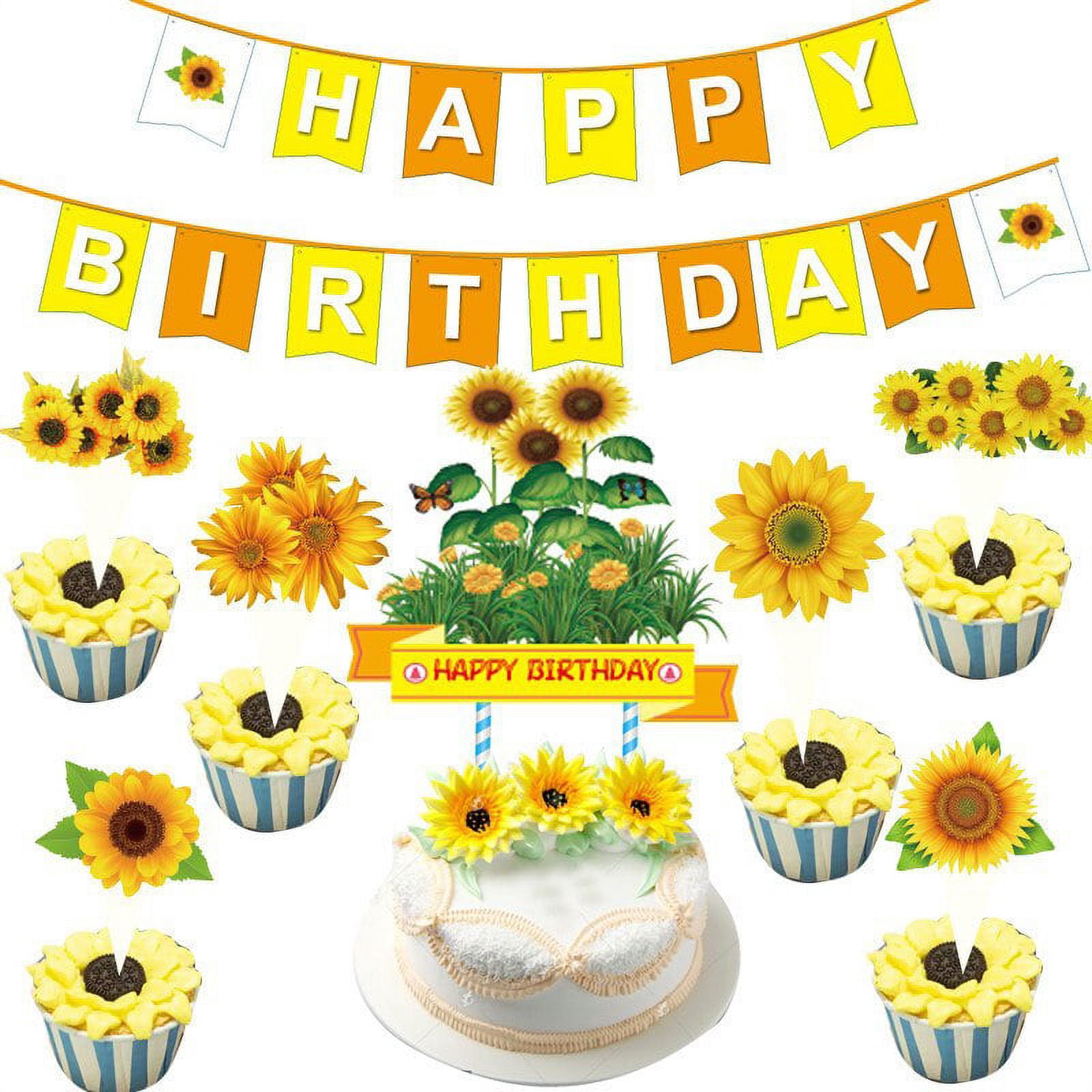 Sunflower Birthday Party Decoration, Yellow Birthday Banner Hanging Swirl Cake Topper for Boys Girls 1st 2nd Birthday Party Decoration Supplies
