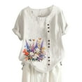 thumbnail image 3 of Women's Summer Comfort Linen Round Neck Short Sleeve With Button Flower Print T Shirt Top Women Shirts Compression Tee Shirts Women Womens A Shirts Womens T Shirt Women Technical Pants Miss Long, 3 of 3