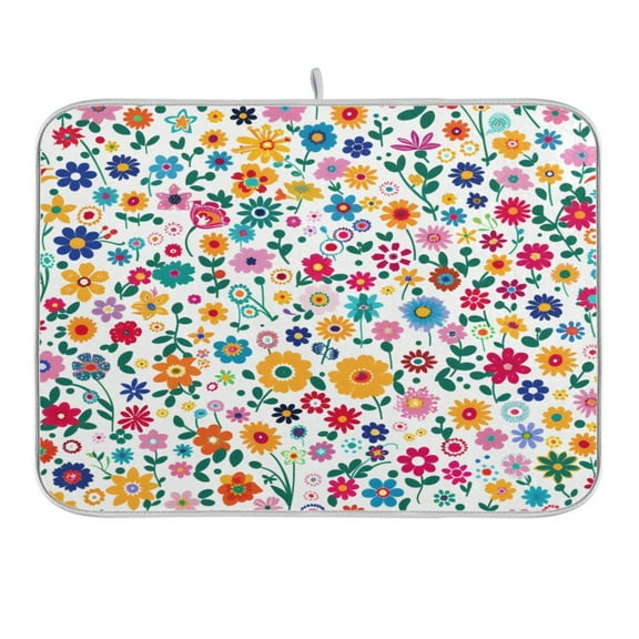 Dish Drying Mat Kitchen Counter Small Colorful Flowers Dishes Drainer Pad Absorbent Microfiber Reversible 16"x18"