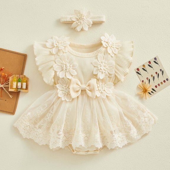 AUNVITO Baby Birthday Romper | Soft Tulle Flower Decor | 1st Year Ceremony | Sleeveless Short Crawl Romper