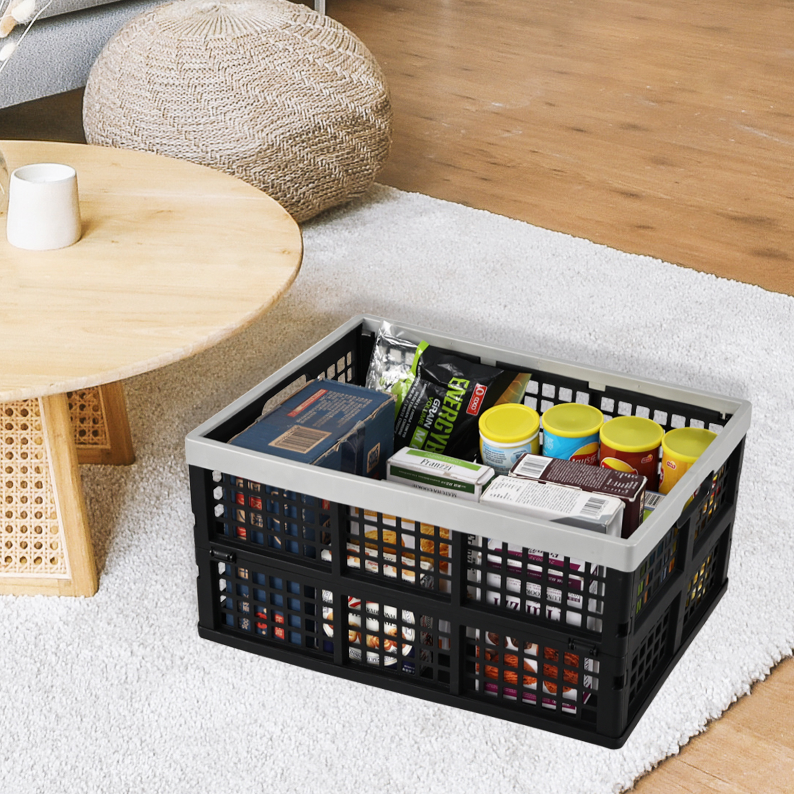 Jnktka 3 Pack 42 L Large Collapsible Storage Crates, Stackable Plastic Crate Basket Black