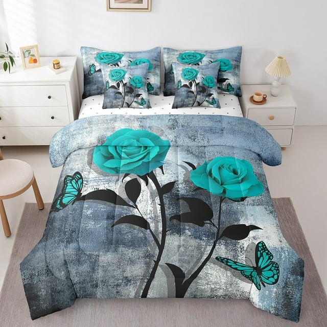 YST Ensemble de Douillette Rustique à Roses 7 Pcs pour Filles Femmes, Lit Tout-en-un Rétro Blanc et Gris à l'Aquarelle Grand Lit, Ensemble de Lit Réversible Ombré avec Ensemble de Draps, Housses d'Oreiller