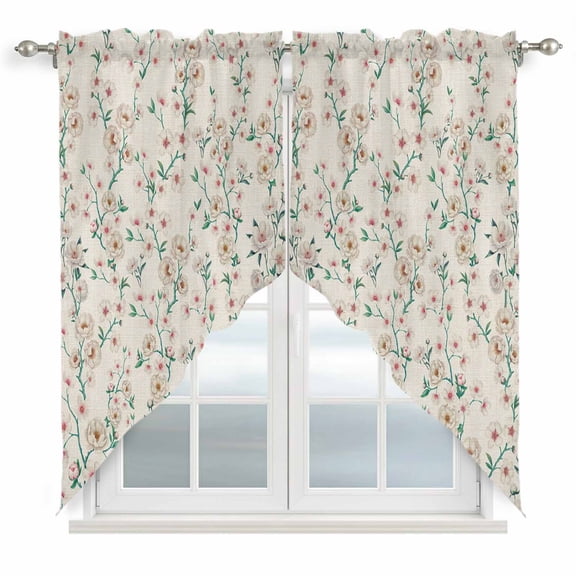 Spring Floral Swag Valances for Windows 2 Pack, Kitchen Window Curtains 36 Inch Length, Watercolor Flowers Leaves Tree Branches Beige Privacy Swag Curtains for Living Room/Bathroom 36"x36"