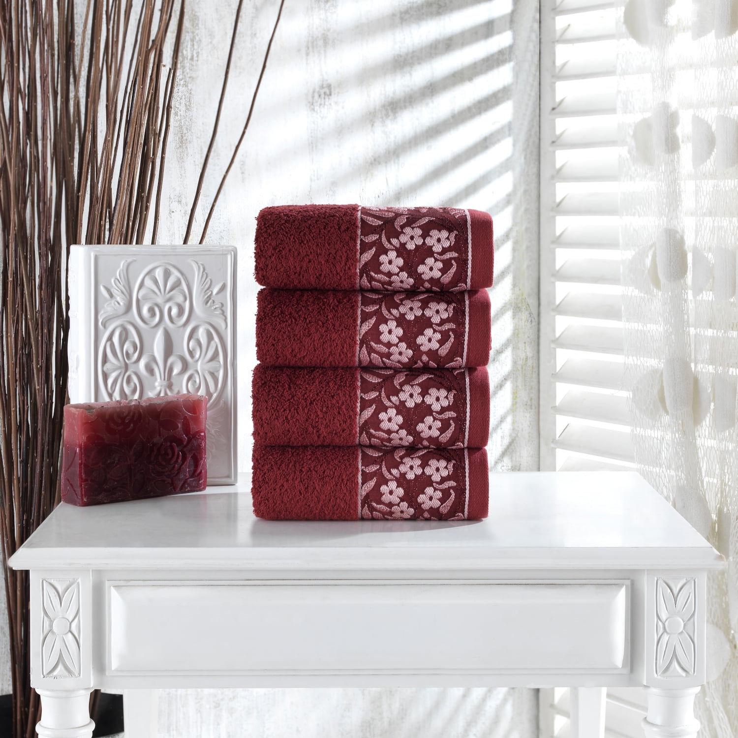 HALLEY Decorative Bath Towels Set, 6 Piece - Turkish Towel Set with Floral  Pattern, Highly Absorbent & Fade Resistant Fabric, 100% Cotton - White
