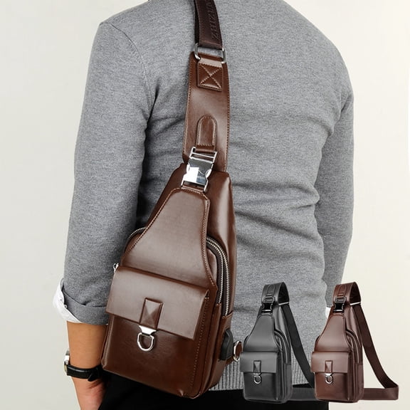 Men's Crossbody Shoulder Bag Waterproof Leather Chest Bag with USB Charging Port | Adjustable Strap | Multiple Pockets | 12.2x5.9x2.3 in | Black/Brown | 1 Pc