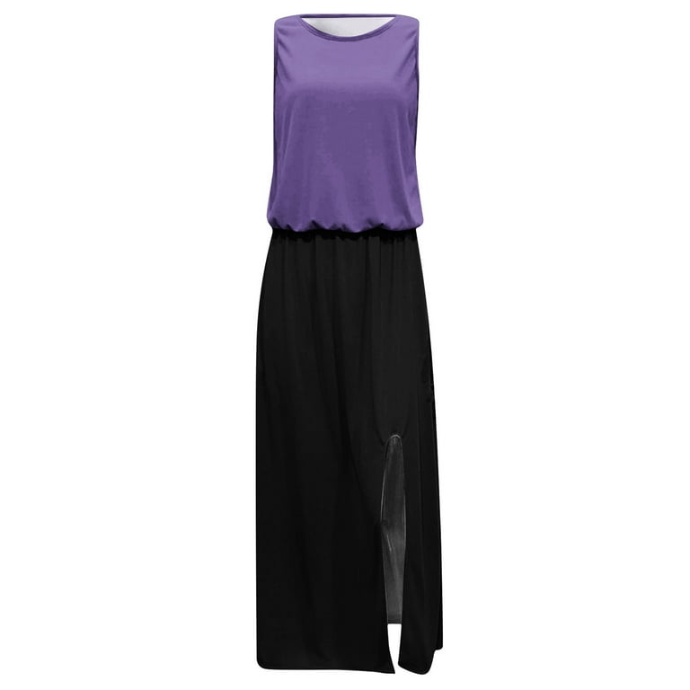 HAPIMO Women's Maxi Blouson Dress Solid Color Tops Sleeveless Clothing  Round Neck Side Split Elegant Summer Dresses for Female Purple L -  Walmart.com