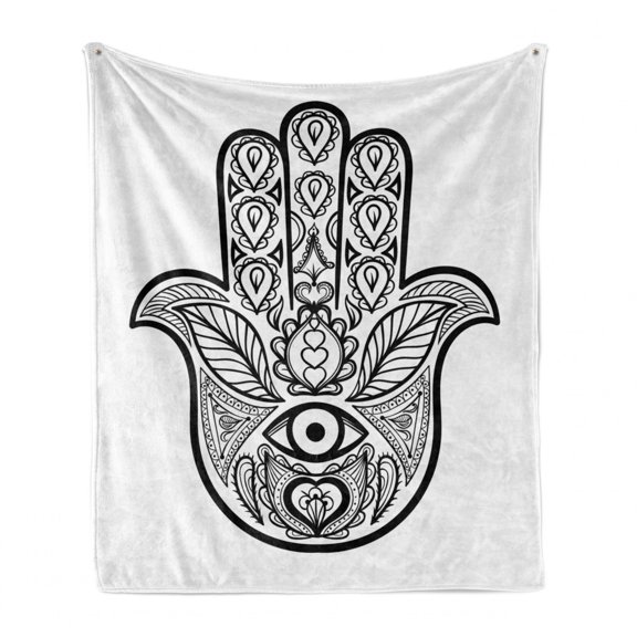 Hamsa Soft Flannel Fleece Blanket, Nature Inspired Tribal Pattern Monochrome Sketch Boho Artwork with Leaves Third Eye, Cozy Plush for Indoor and Outdoor Use, 50" x 70", Black White, by Ambesonne