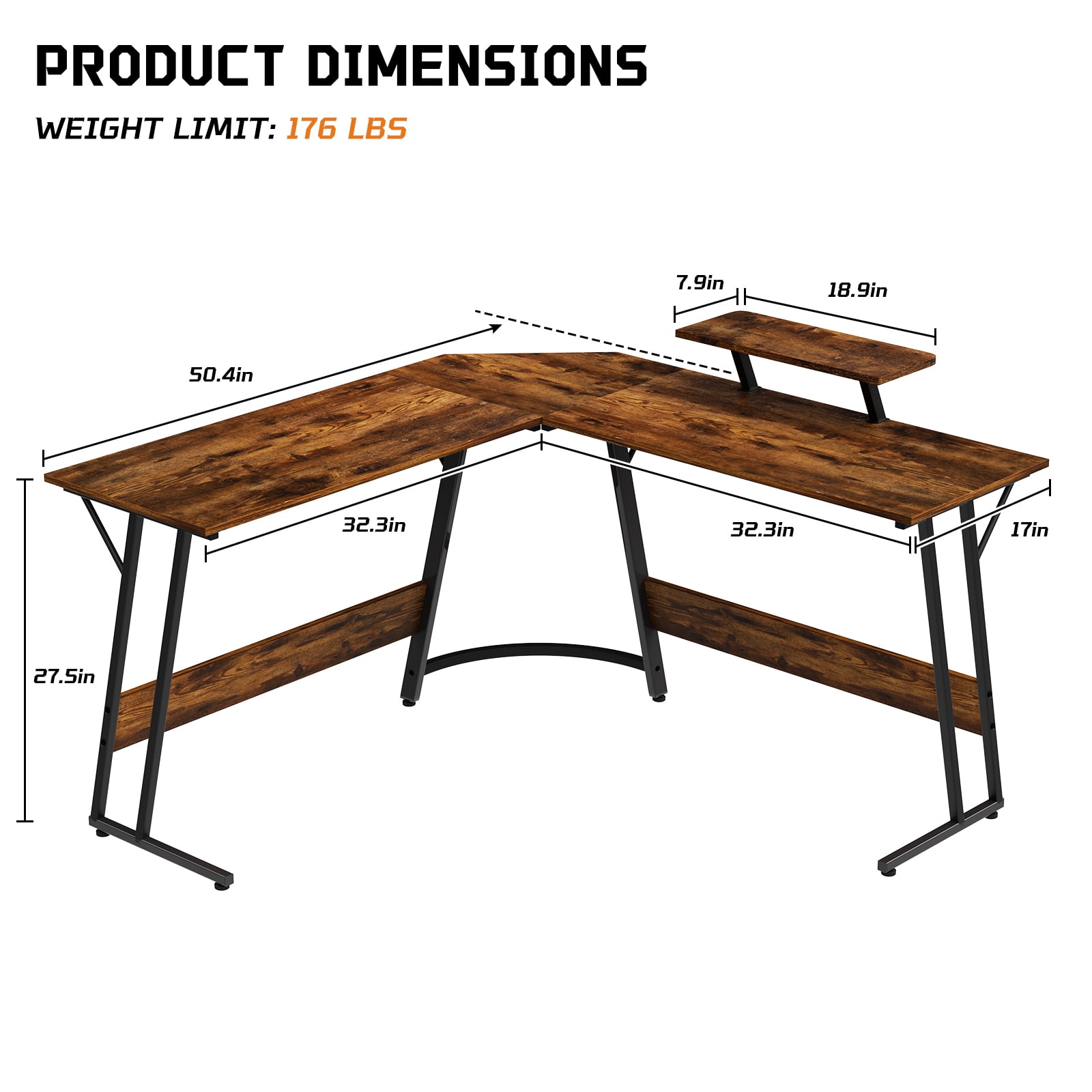 Dkelincs L Shaped Gaming Desk, 50.4" Corner Computer Desk PC Game Table with Monitor Stand Large Desktop for Home Office Study Writing Workstation, Brown