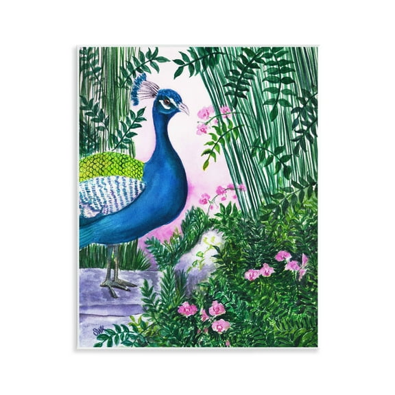 Stupell Industries Peacock in Pink Landscape & Nature Painting Unframed Art Print Wall Art, 11 x 14