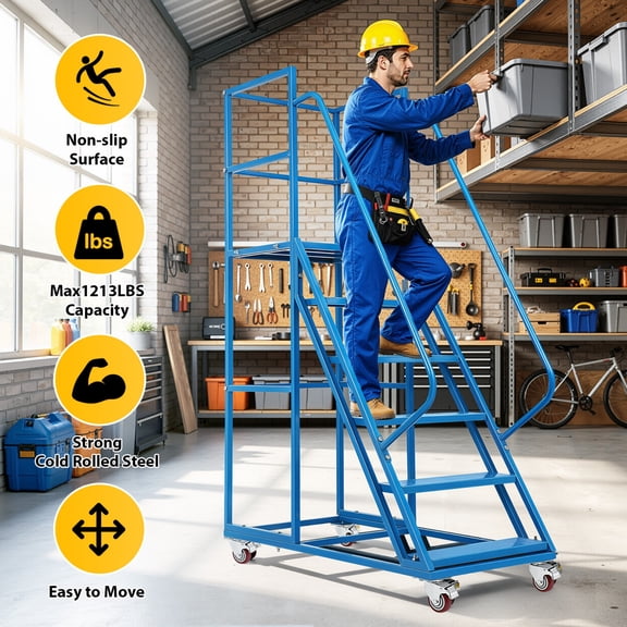 Supvox Industrial Carbon Steel Rolling Ladder Blue with Handrails for Warehouse Use