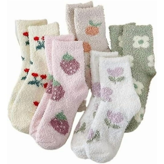 5 Pair Cute Floral Fuzzy Socks, Women Fluffy Slippers, Cottagecore Winter Thick Cozy Vintage Long Socks