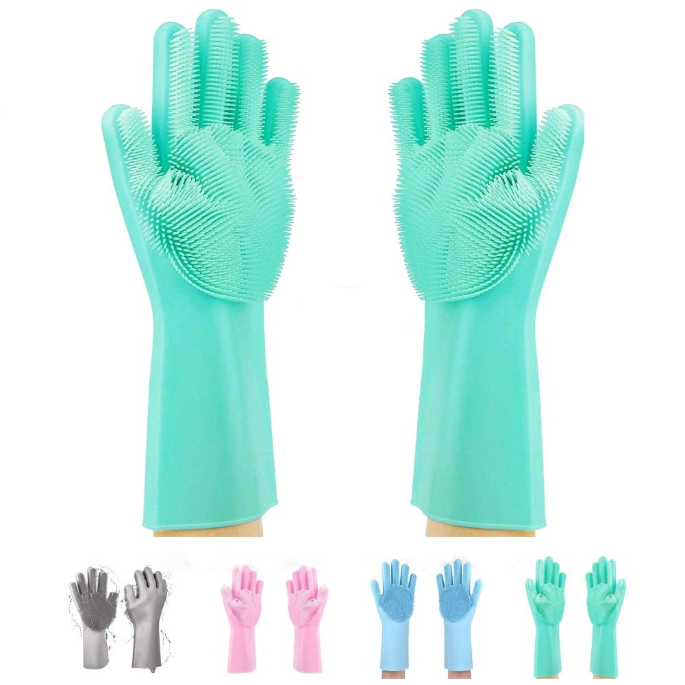 Magic Silicone Gloves, Reusable Dishwashing Gloves with Wash Scrubber, Heat Resistant Cleaning