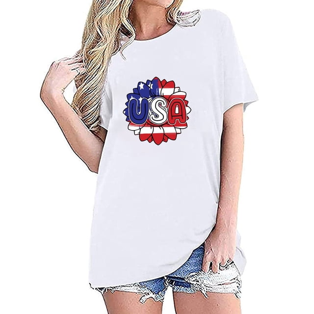 Fiudx Ropa de Mujer Camiseta de Manga Corta con Cuello Redondo y Estampado de Bandera de Moda para Mujer