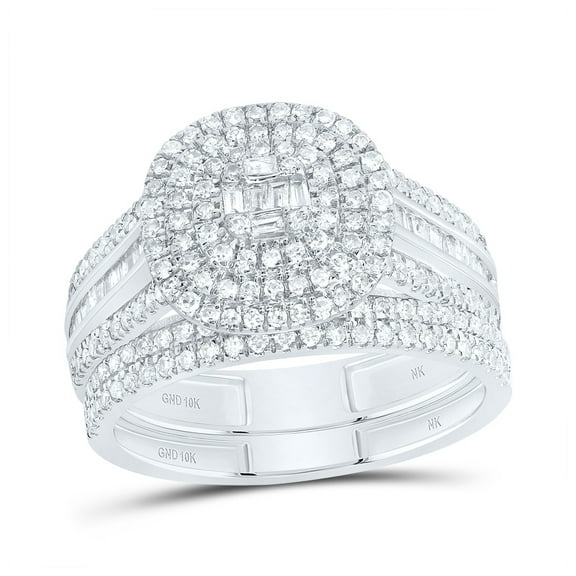 10kt White Gold 7/8 Cttw Diamond Cushion Double Halo Wedding Engagement Anniversary Bridal Set, Women Size: 5-9