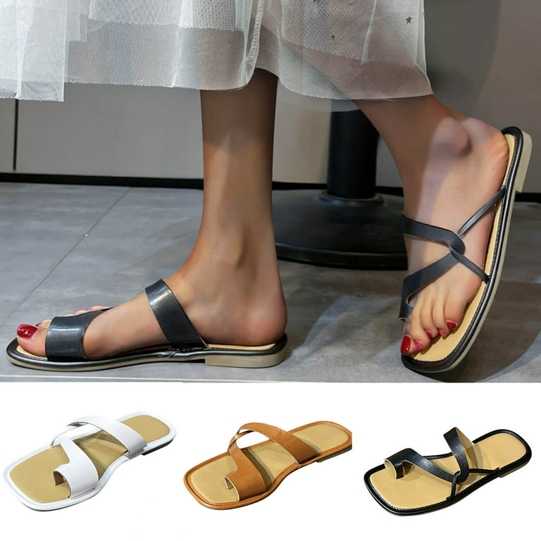 Cethrio Womens Summer Flats Sandals- Slides Sandal Flip Flops Comfy Soles  on Clearance Wide Width White Dressy Sandals/ Slides Size 6.5